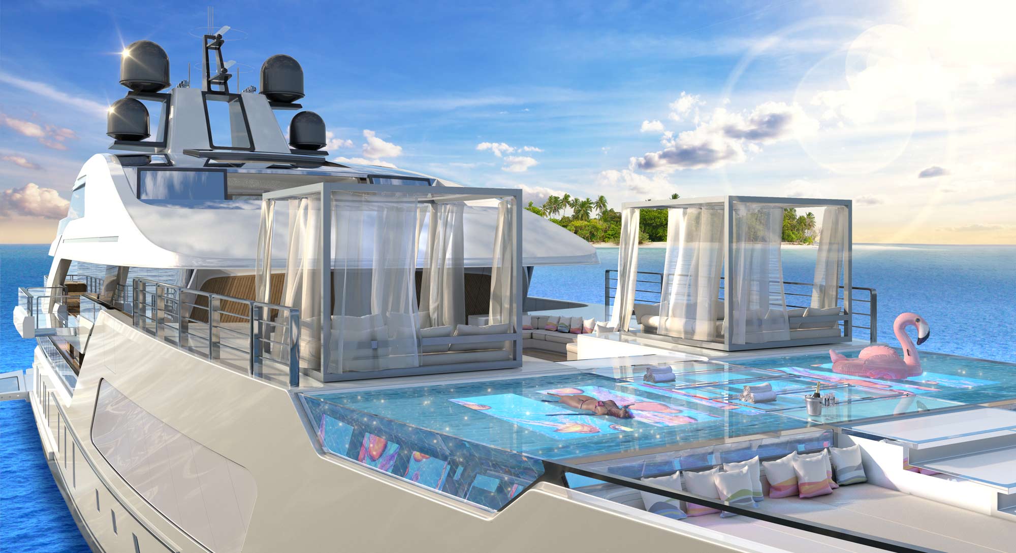 Escapade Yacht Concept имеет двухуровневый пляжный клуб и бассейны, бассейны, бассейны